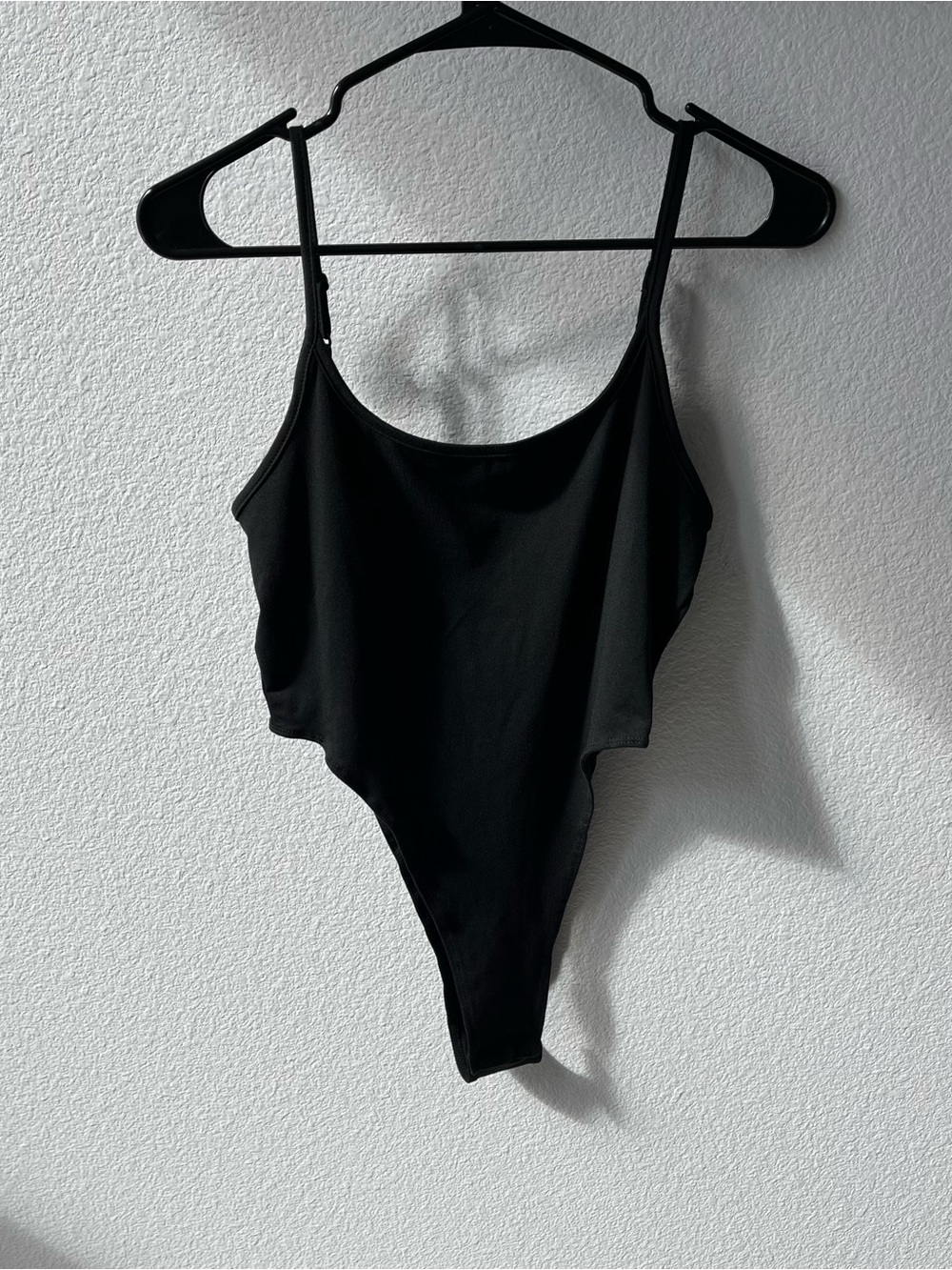 Black high cut thigh bodysuit with thin cami adjustable straps, size M Medium